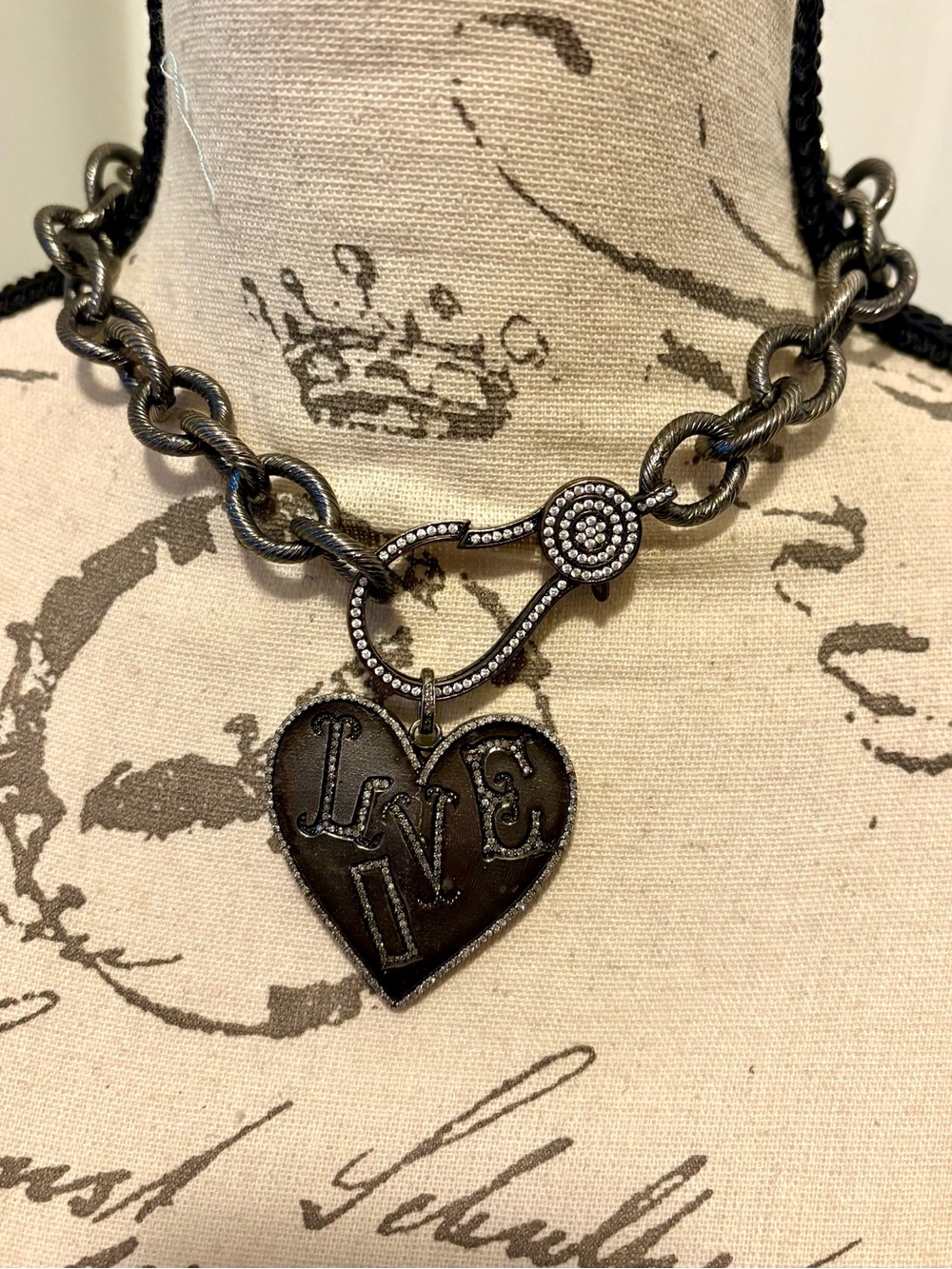 Vintage Gunmetal Heart LOVE Pendant Chain Necklace Pavé Rhinestone Toggle